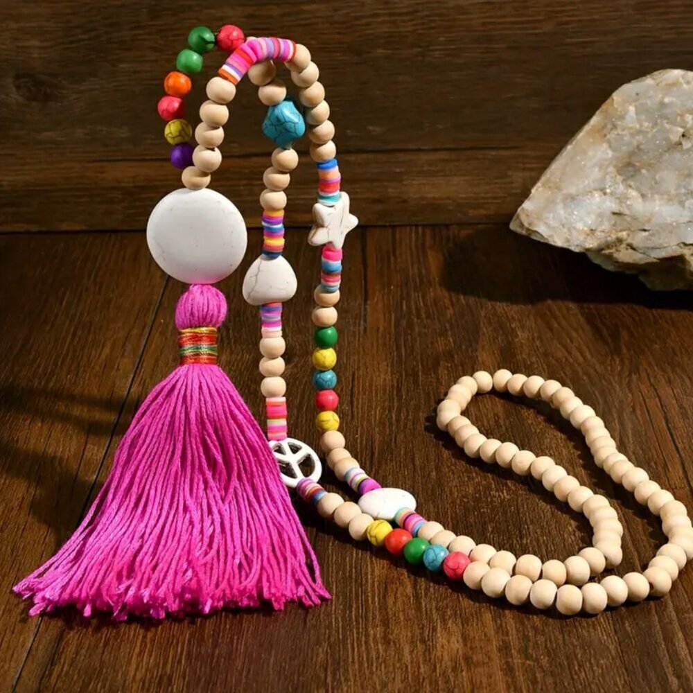 Handmade Boho Tassel Necklace with Wooden & Pink Stone Beads – 35" Long